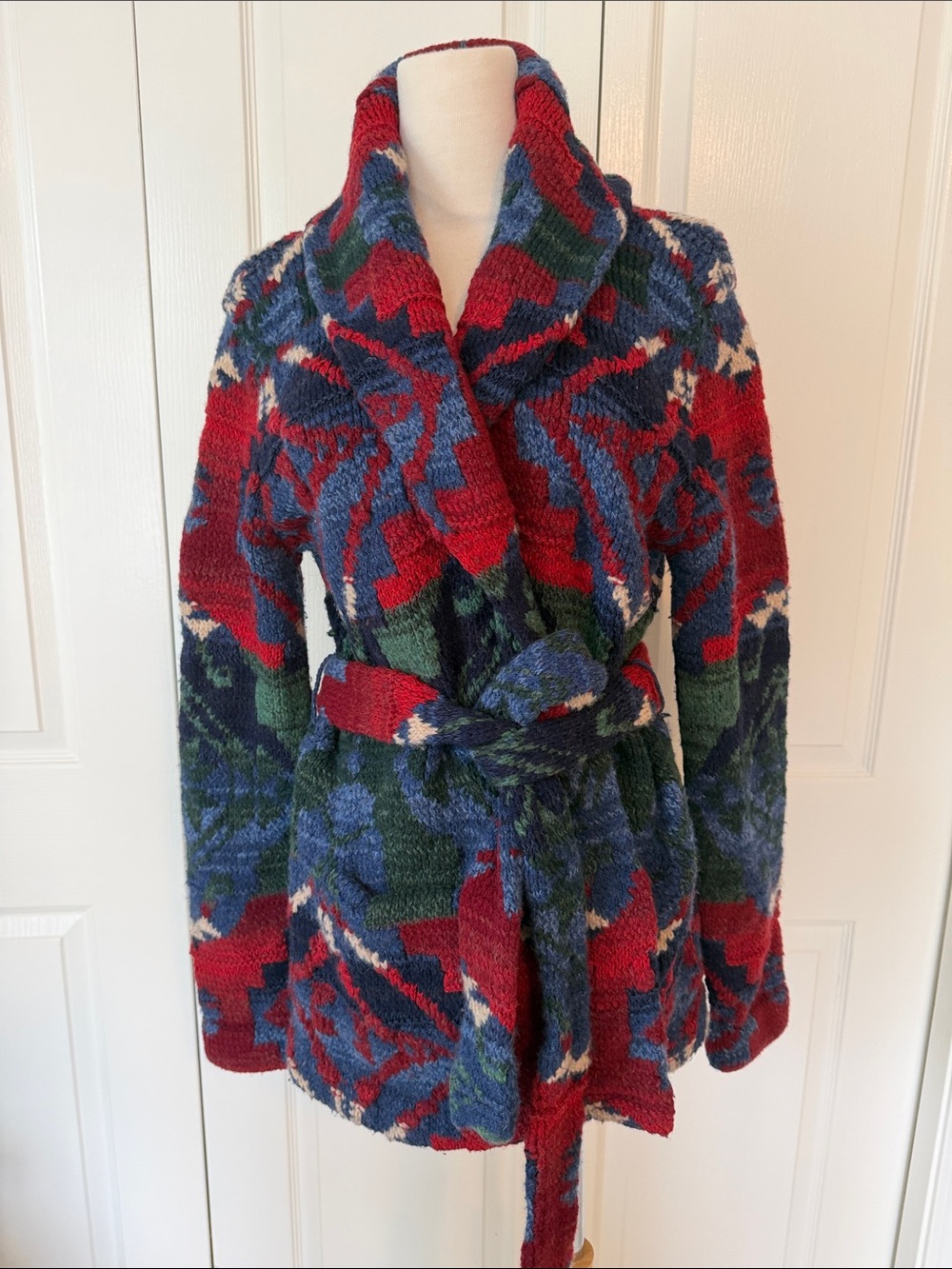 Polo by Ralph Lauren Red, Blue & Green Shawl-Collar Teddy Cardigan with Belt